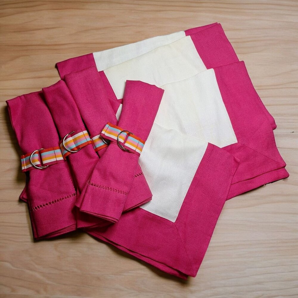 Pottary Barn Pink Napkin Placemat Set 4 Belt Rainbow Ring Discolored Hot Brightโ